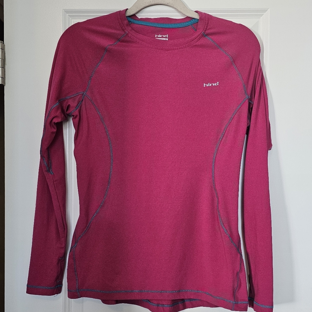 Hind Women's Long-Sleeve Active Top in Magenta with Contrast Stitch, Size Small